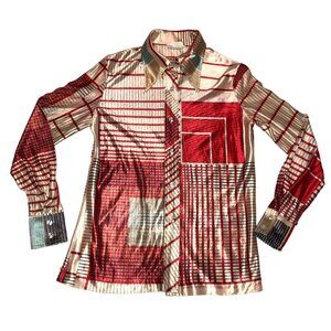 Vtg Silky Disco Blouse Sz S Shirt Accent Red White Long Sleeve Geometric Womens